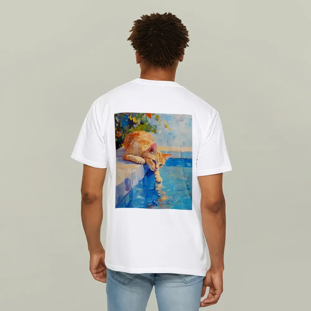 Orange Cat By Pool Oil Painting – T-Shirts