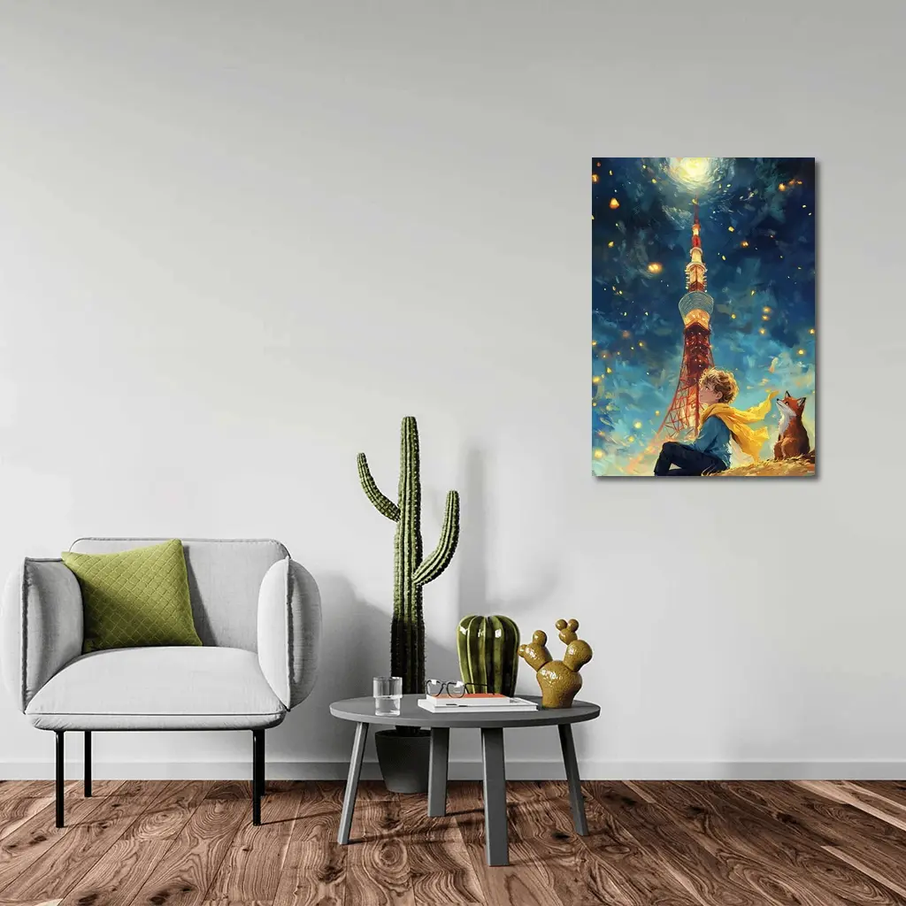 Boy and Fox Under Tokyo Tower Night – Wall Art