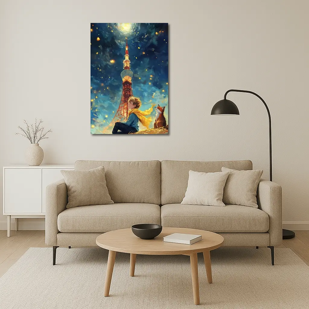 Boy and Fox Under Tokyo Tower Night – Wall Art