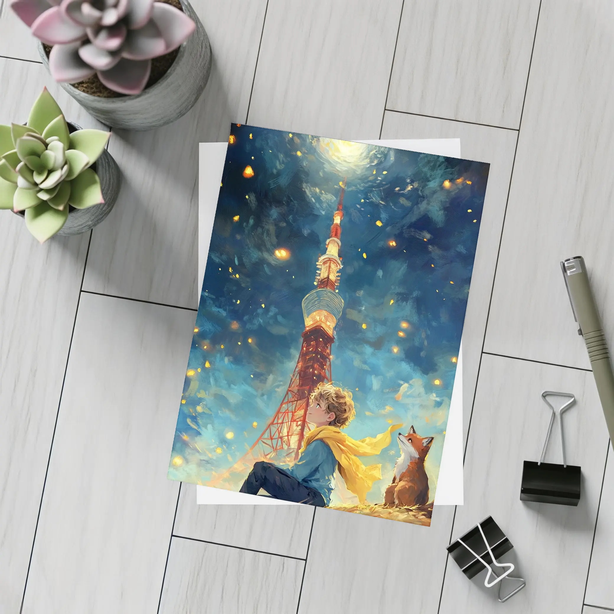 Boy and Fox Under Tokyo Tower Night – Postcards
