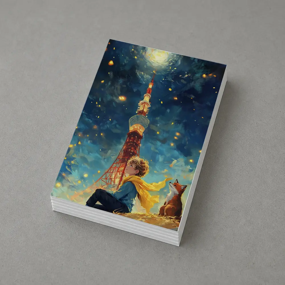 Boy and Fox Under Tokyo Tower Night – Postcards