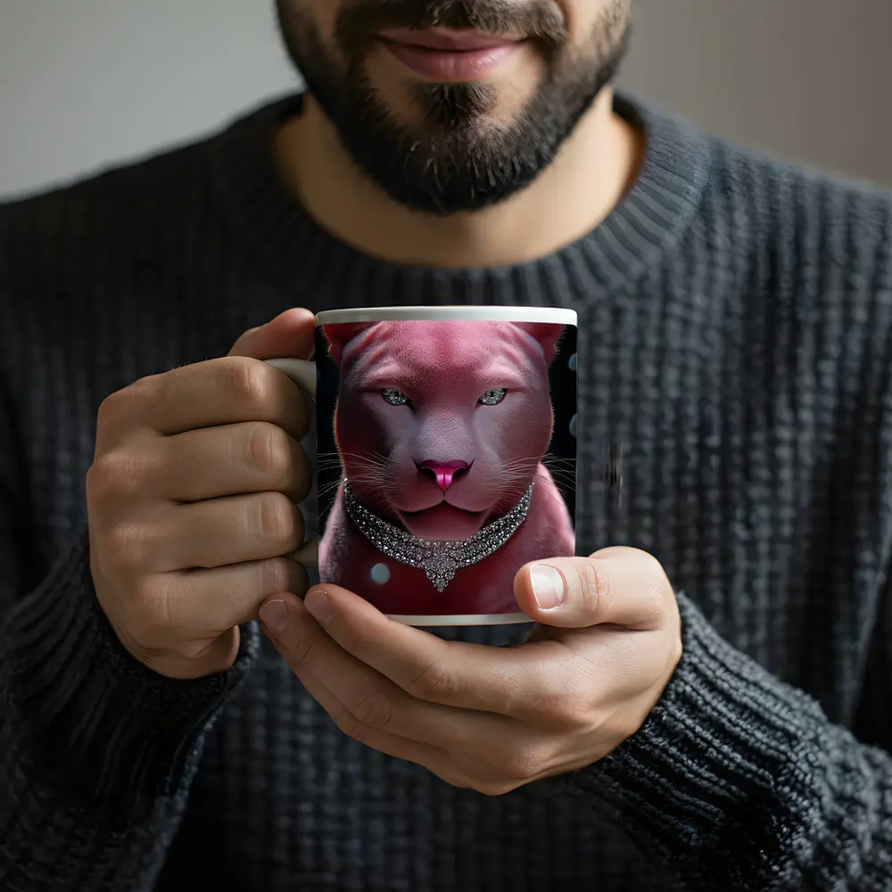 Pink Panther Portrait Diamond Necklace Dark Background – Mugs