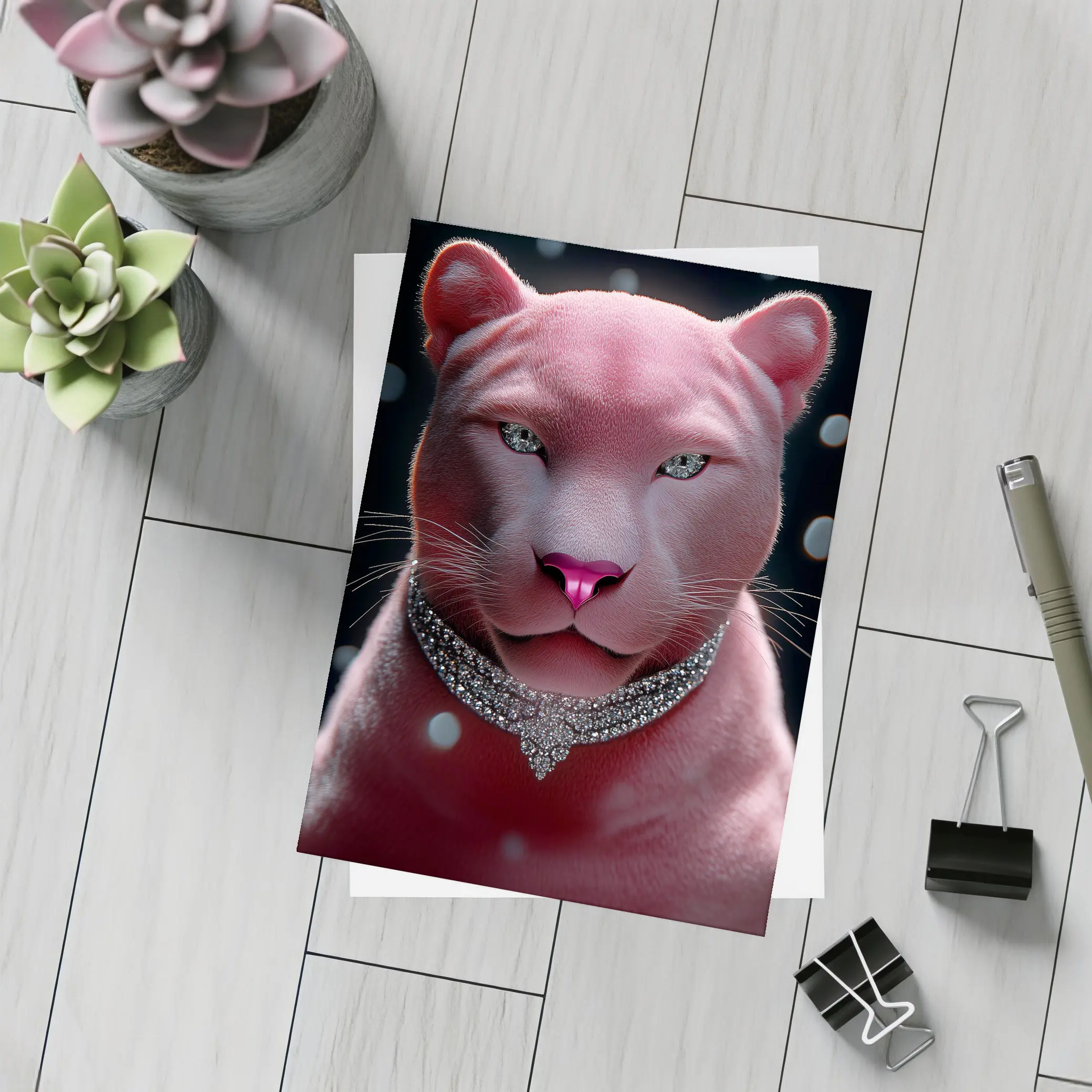 Pink Panther Portrait Diamond Necklace Dark Background – Postcards
