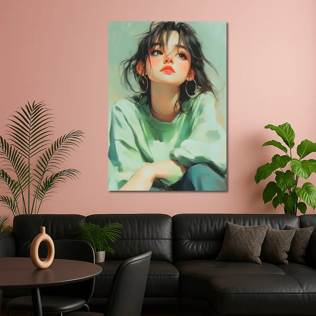 Young Woman Portrait Painting Green Background – Wall Art