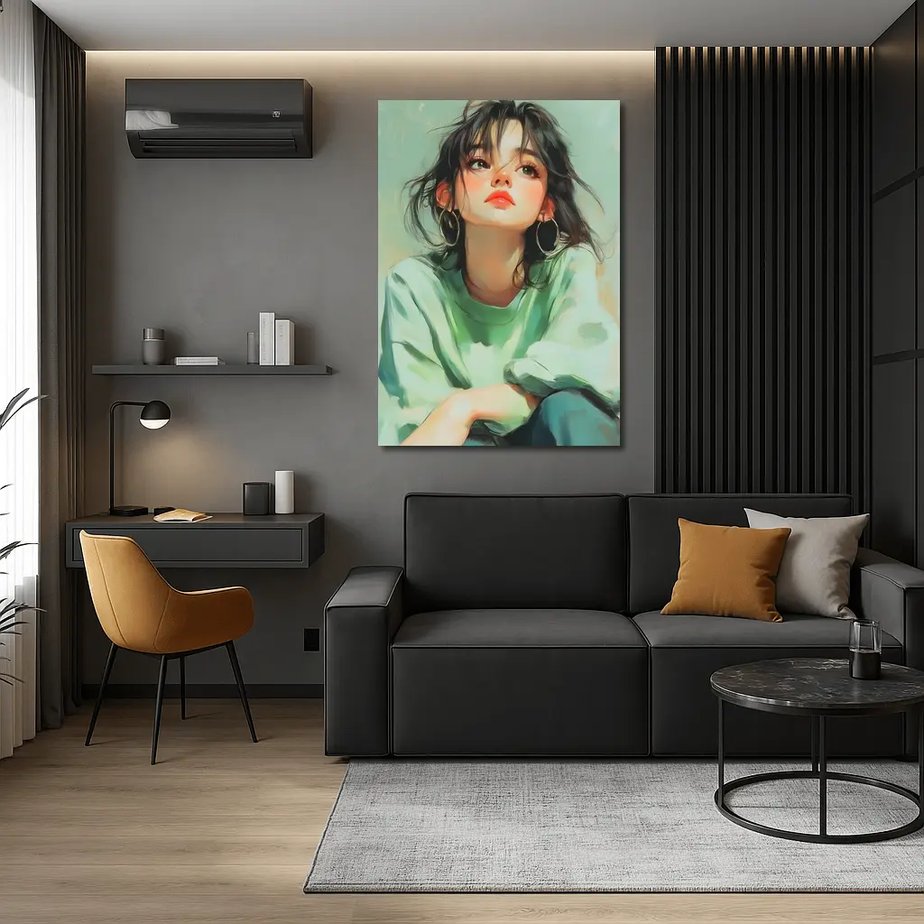 Young Woman Portrait Painting Green Background – Wall Art