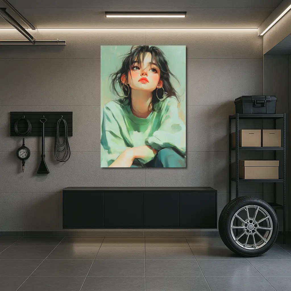 Young Woman Portrait Painting Green Background – Wall Art
