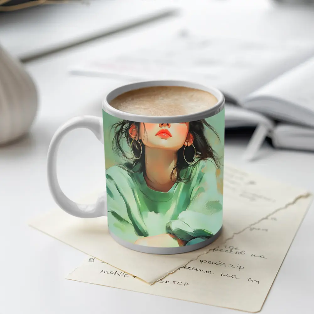 Young Woman Portrait Painting Green Background – Mugs