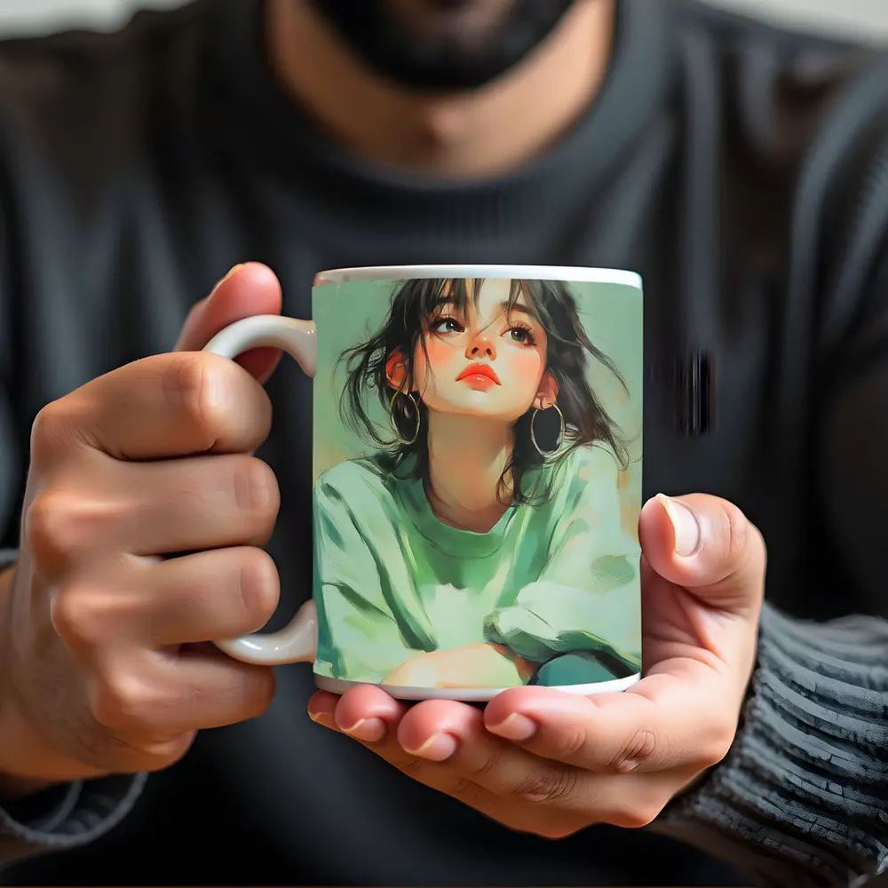 Young Woman Portrait Painting Green Background – Mugs