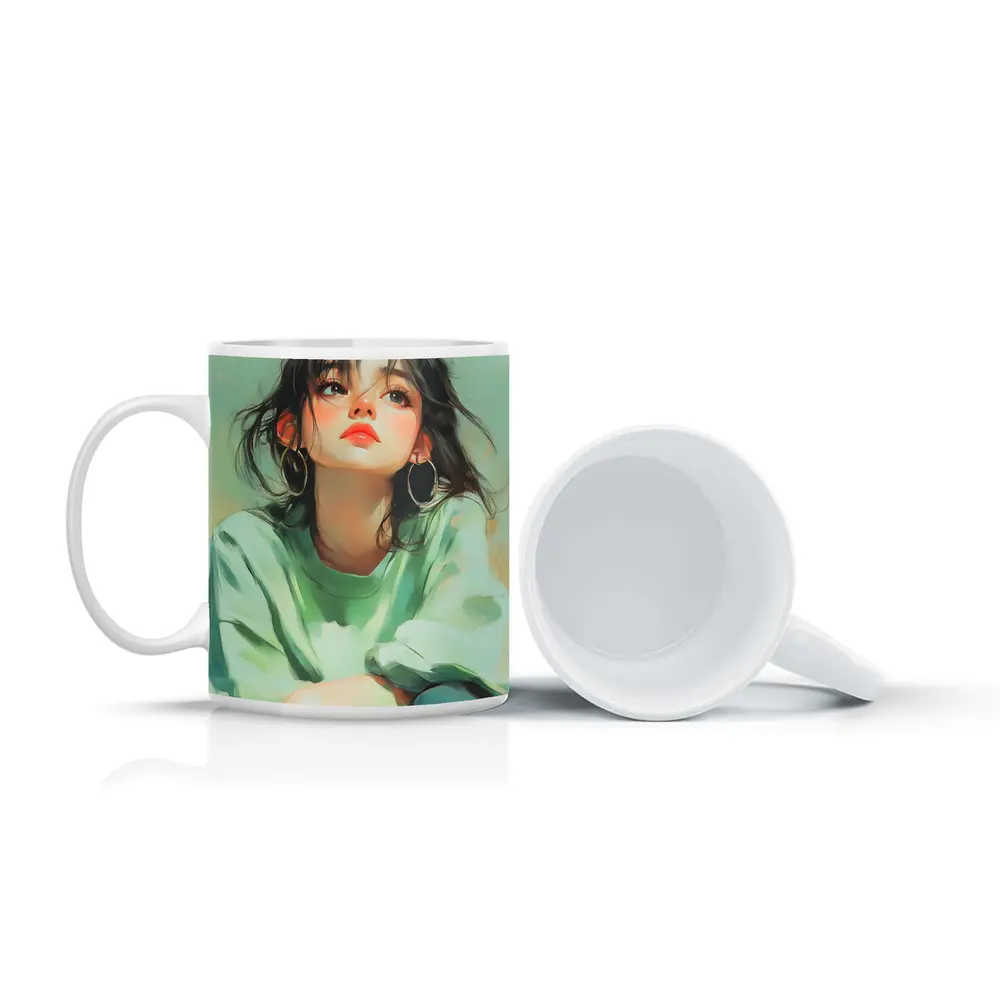 Young Woman Portrait Painting Green Background – Mugs