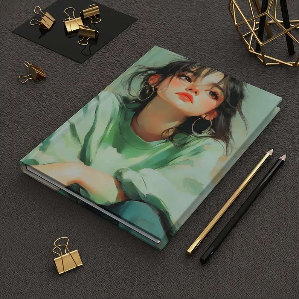 Young Woman Portrait Painting Green Background – Notebooks