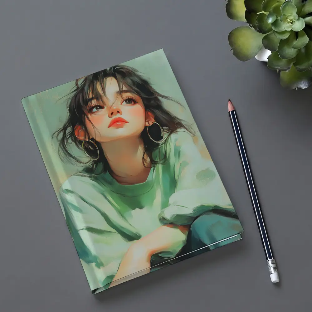 Young Woman Portrait Painting Green Background – Notebooks