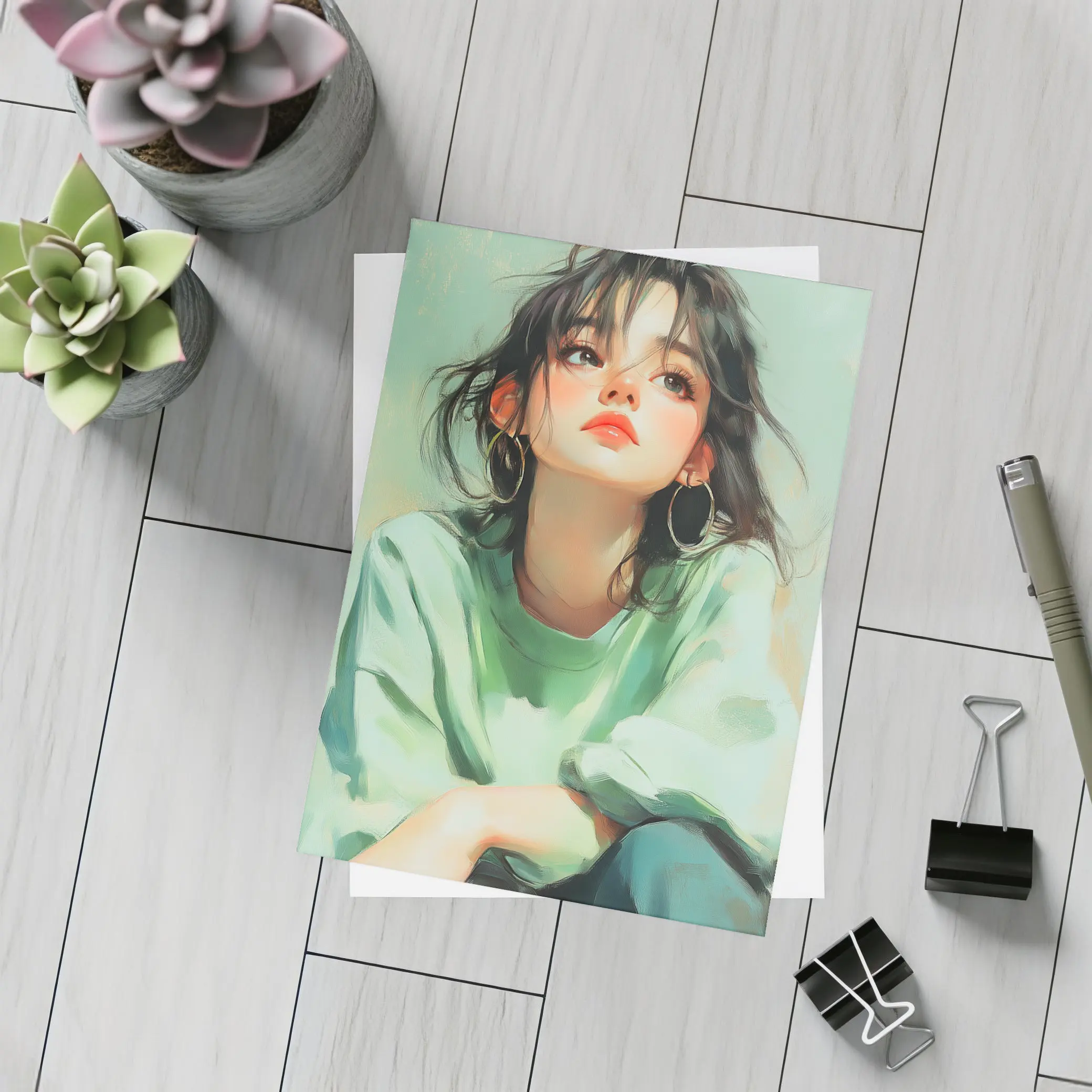 Young Woman Portrait Painting Green Background – Postcards