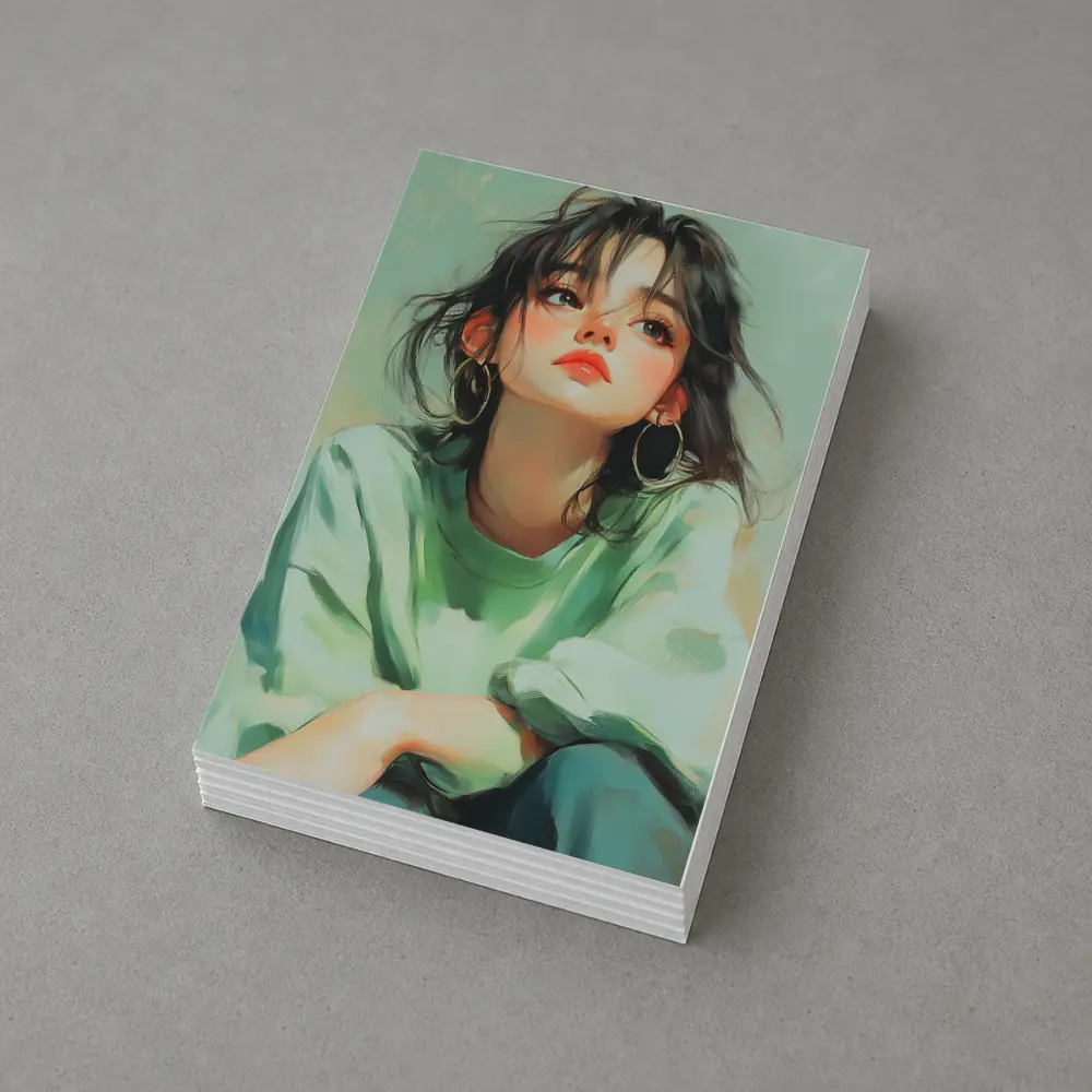 Young Woman Portrait Painting Green Background – Postcards