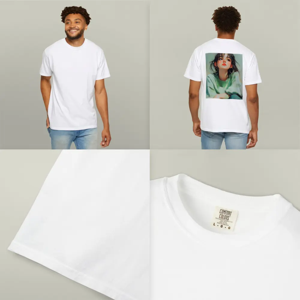 Young Woman Portrait Painting Green Background – T-Shirts