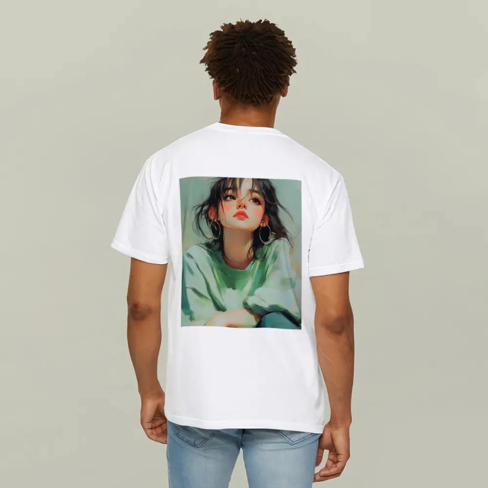 Young Woman Portrait Painting Green Background – T-Shirts