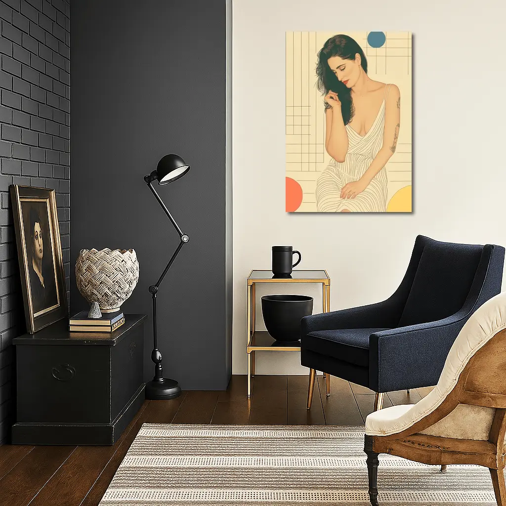 Tattooed Woman Illustration Retro Geometric Background – Wall Art