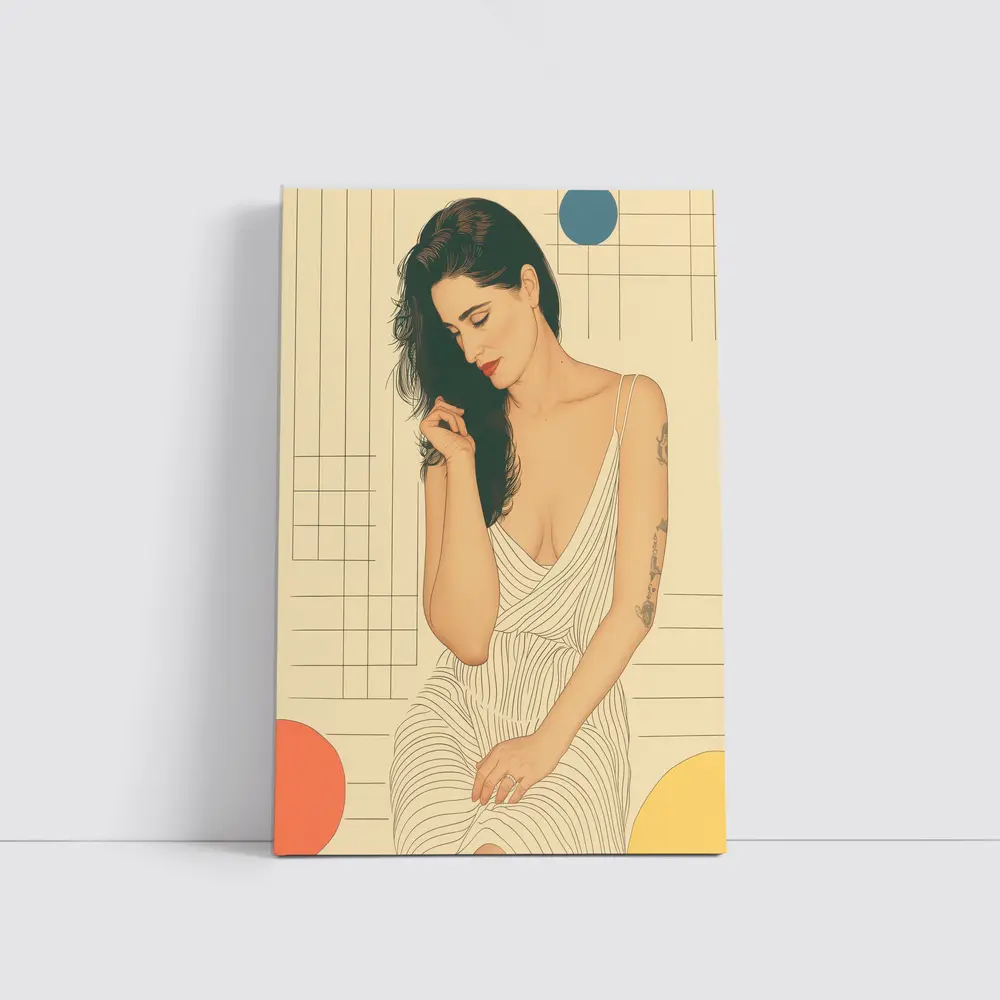 Tattooed Woman Illustration Retro Geometric Background – Wall Art