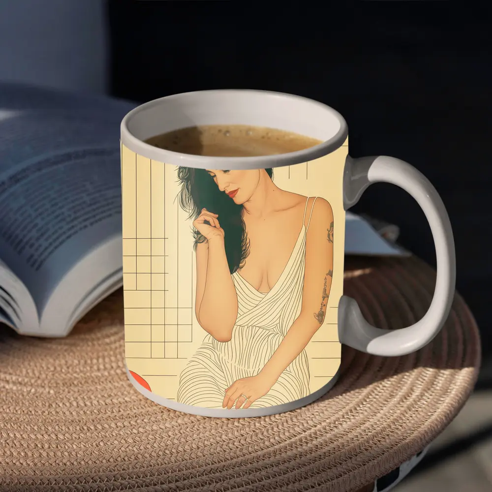 Tattooed Woman Illustration Retro Geometric Background – Mugs