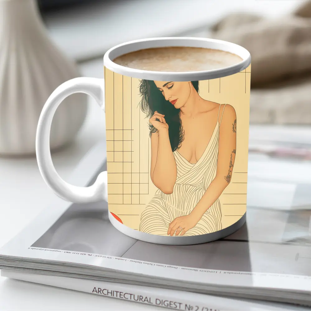 Tattooed Woman Illustration Retro Geometric Background – Mugs