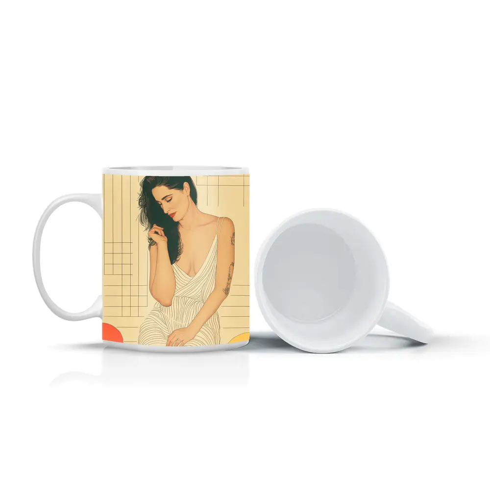 Tattooed Woman Illustration Retro Geometric Background – Mugs