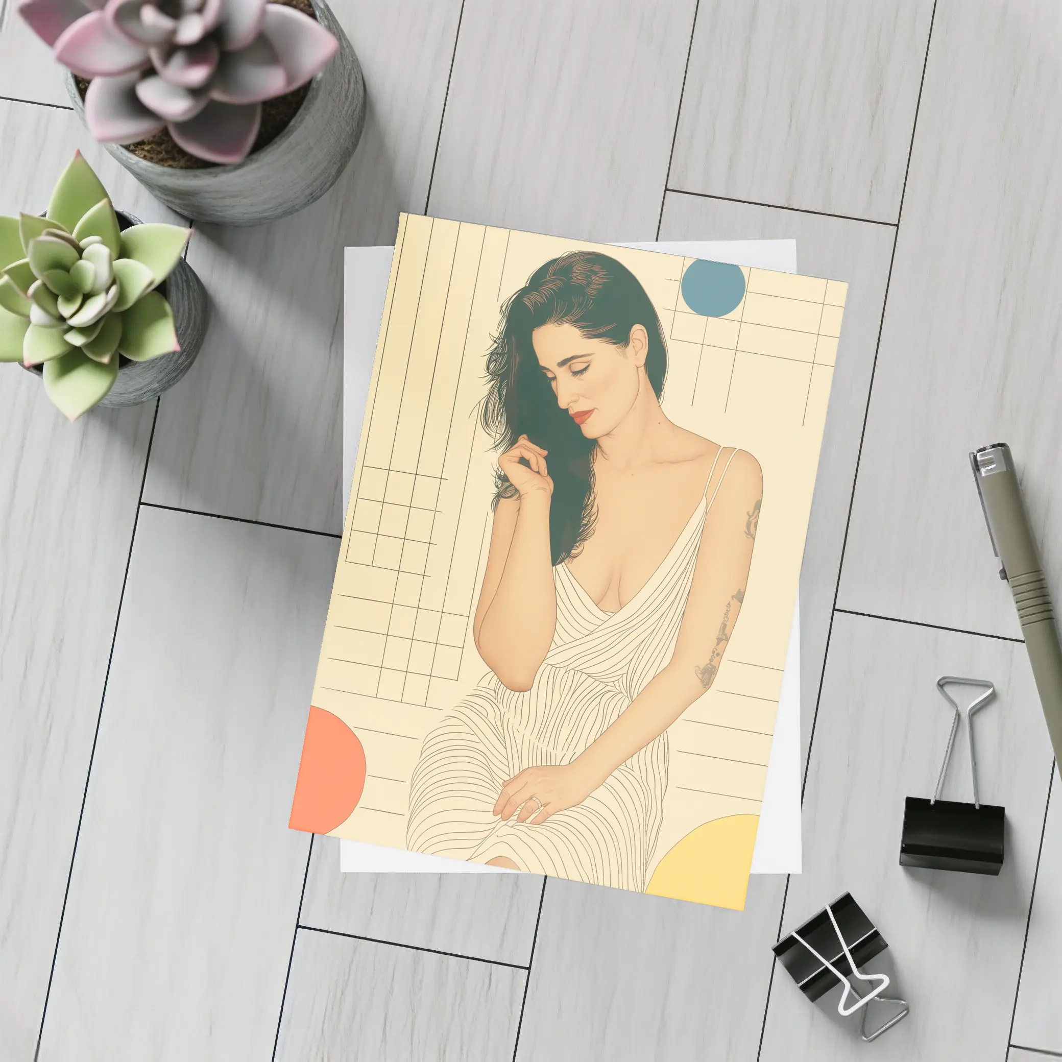 Tattooed Woman Illustration Retro Geometric Background – Postcards
