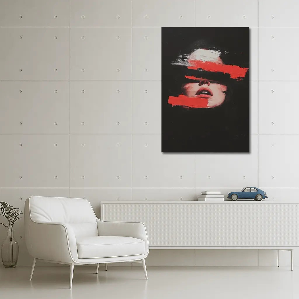Woman Face Red Brush Strokes Dark Background – Wall Art