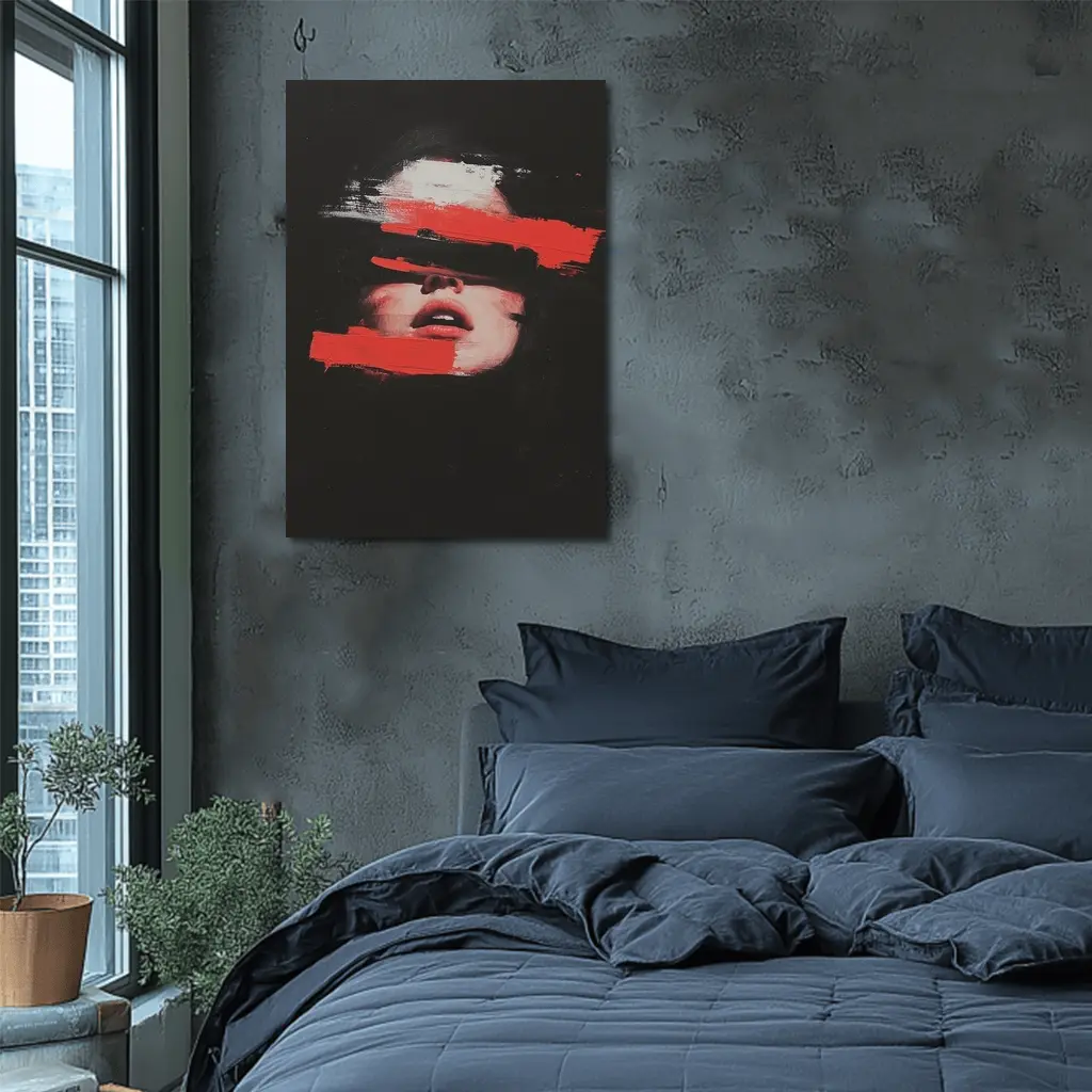 Woman Face Red Brush Strokes Dark Background – Wall Art