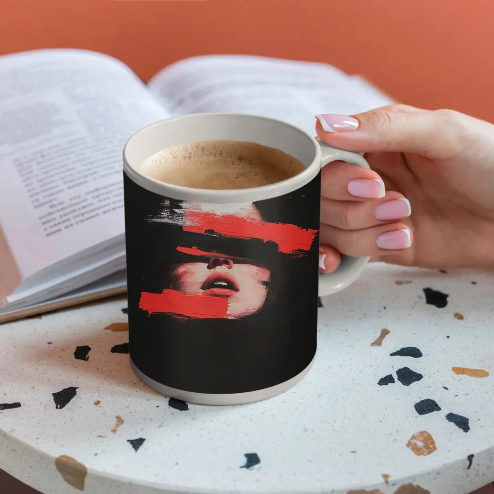 Woman Face Red Brush Strokes Dark Background – Mugs