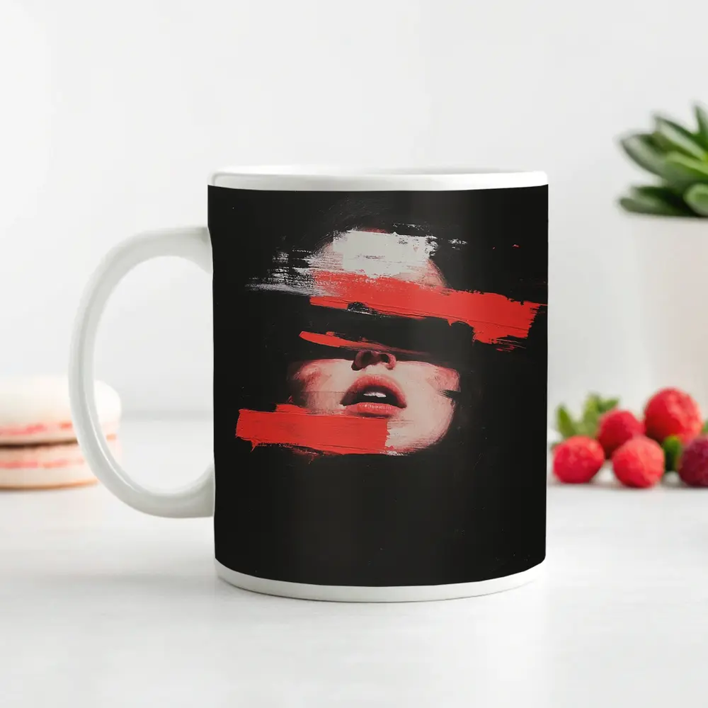 Woman Face Red Brush Strokes Dark Background – Mugs