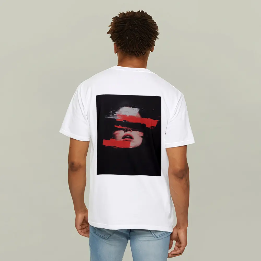 Woman Face Red Brush Strokes Dark Background – T-Shirts