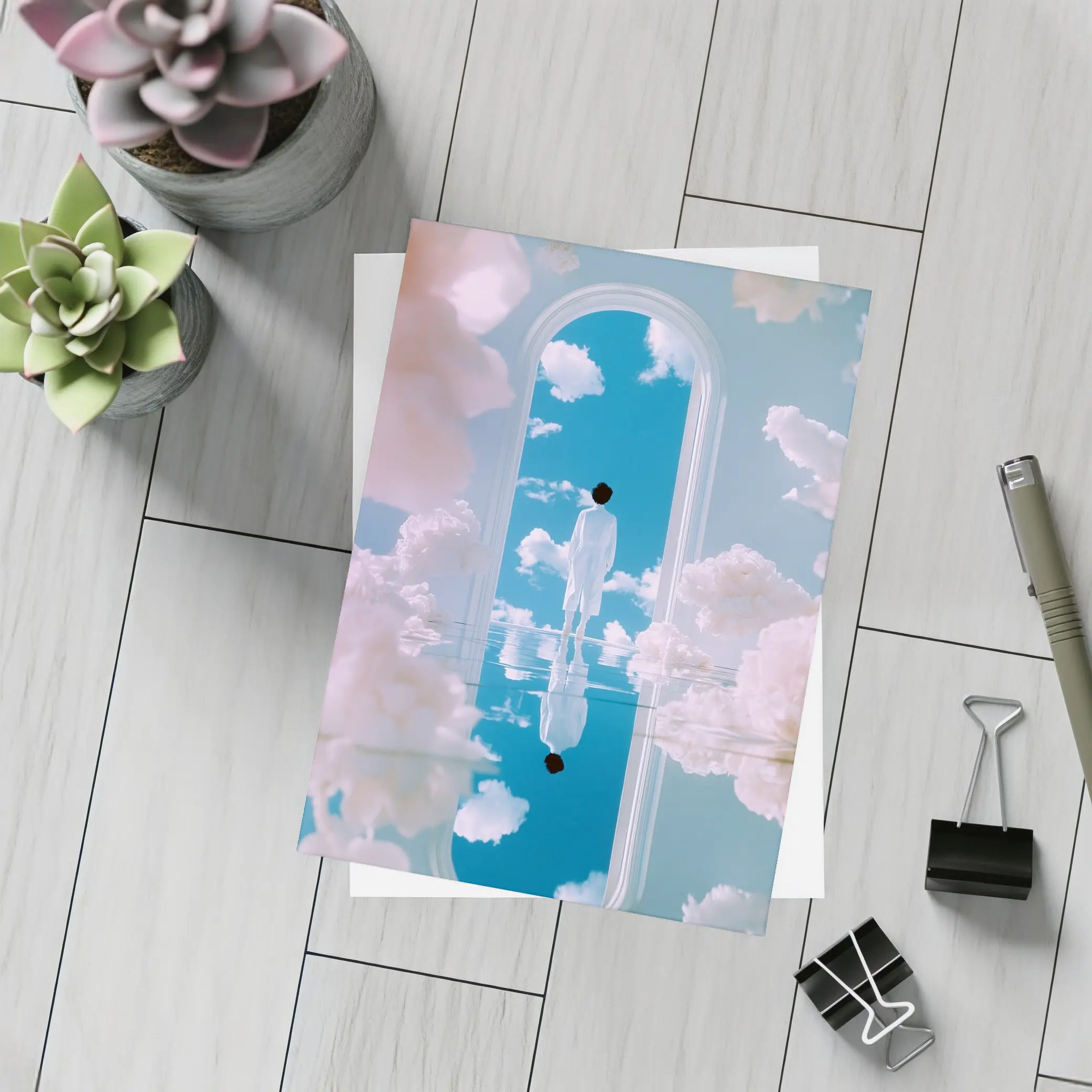 Figure Standing in Arch Surreal Sky – Postcards