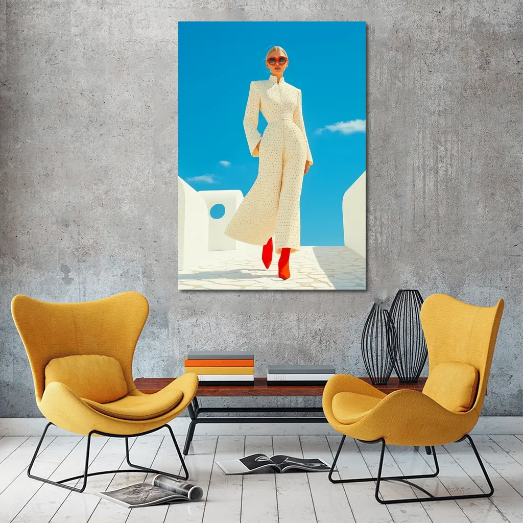 Elegant Woman Cream Outfit Blue Sky – Wall Art