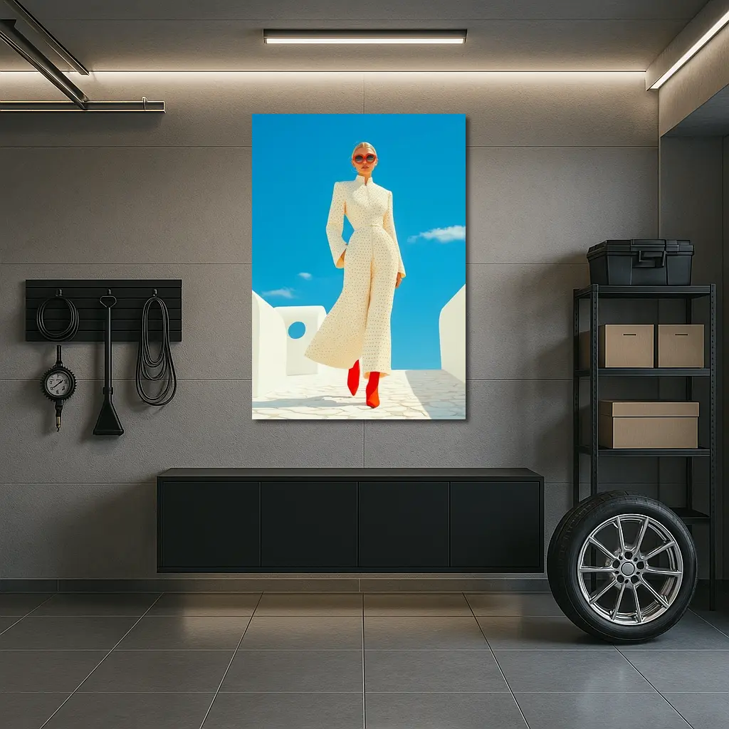 Elegant Woman Cream Outfit Blue Sky – Wall Art