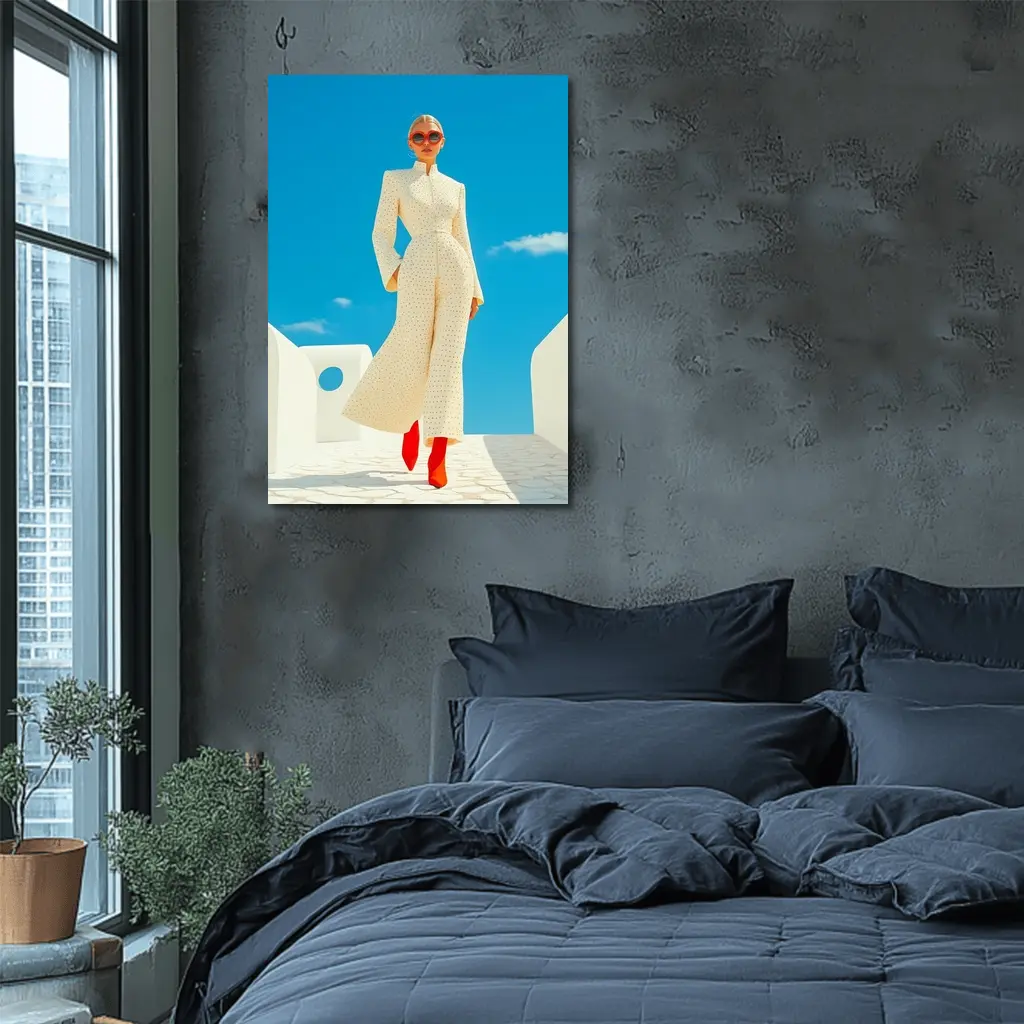 Elegant Woman Cream Outfit Blue Sky – Wall Art