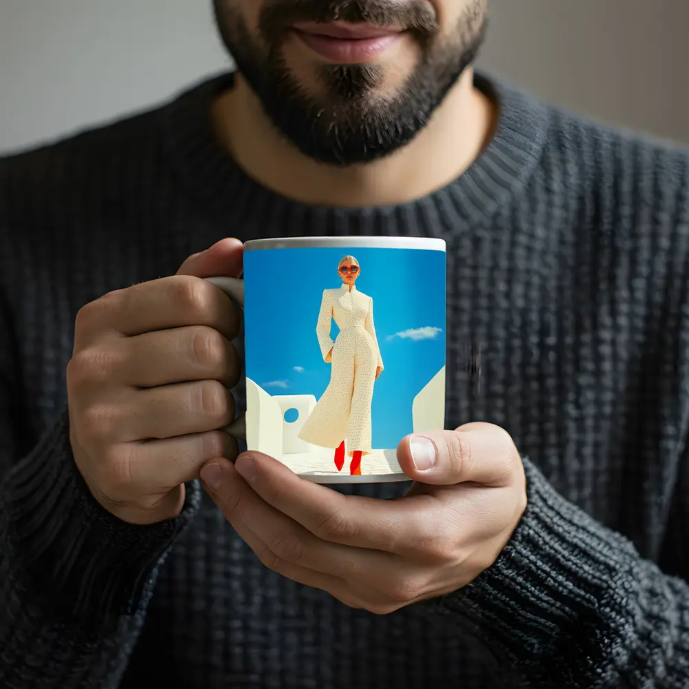 Elegant Woman Cream Outfit Blue Sky – Mugs