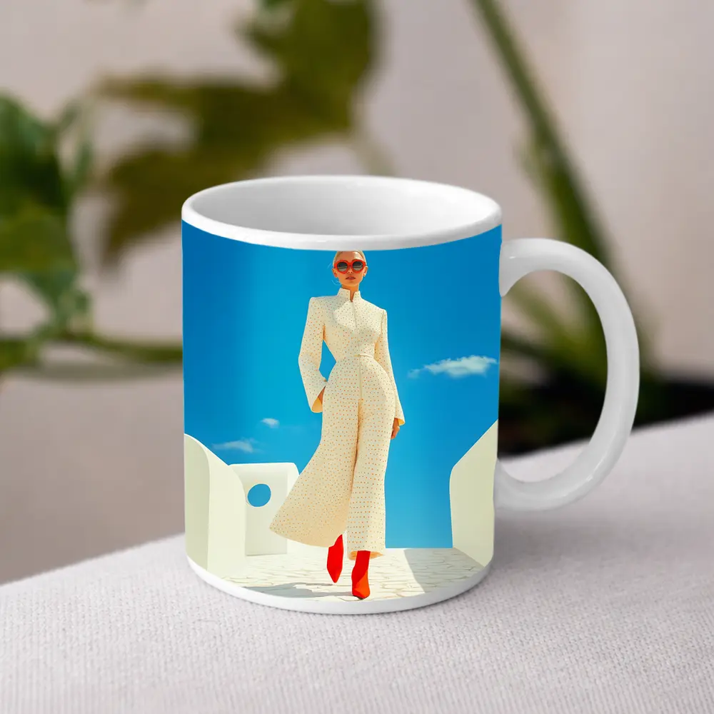 Elegant Woman Cream Outfit Blue Sky – Mugs