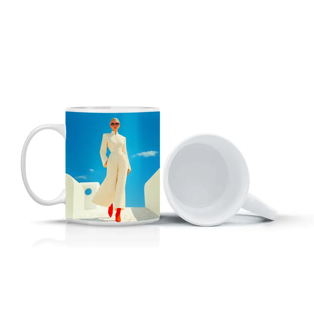Elegant Woman Cream Outfit Blue Sky – Mugs