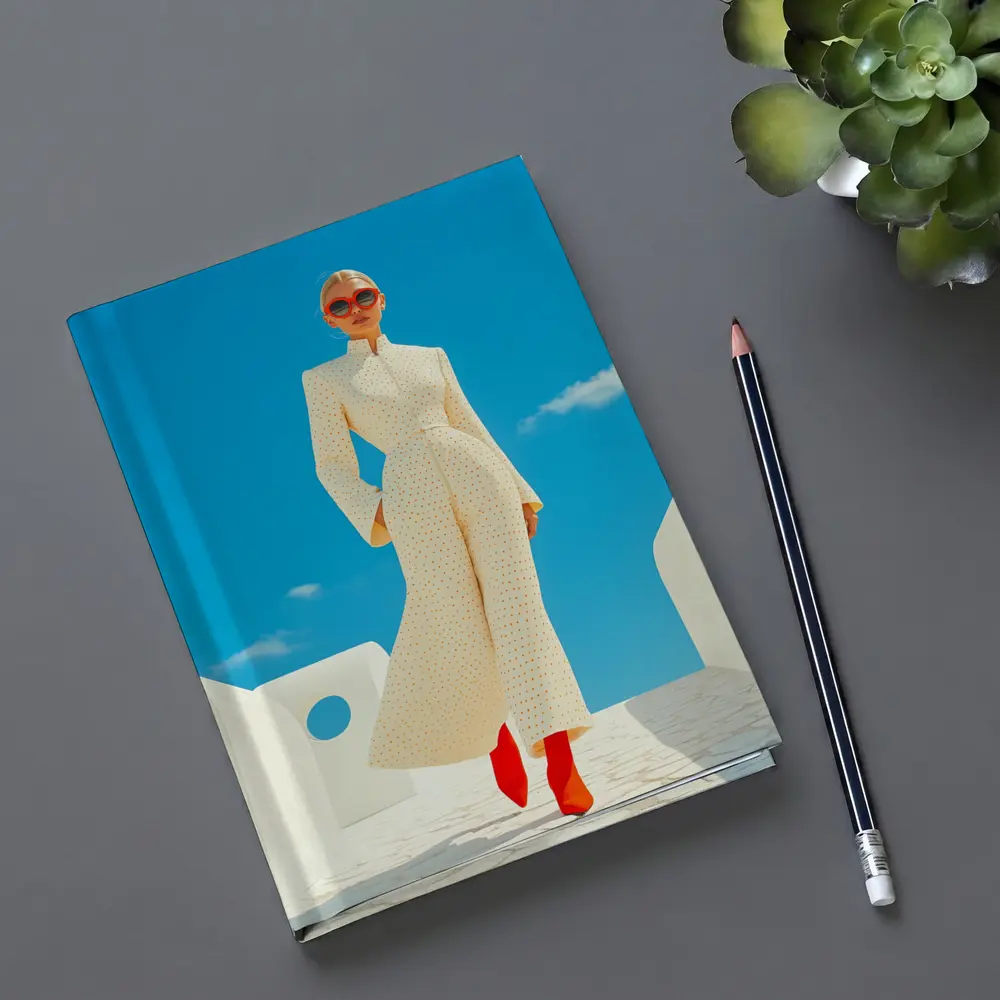 Elegant Woman Cream Outfit Blue Sky – Notebooks