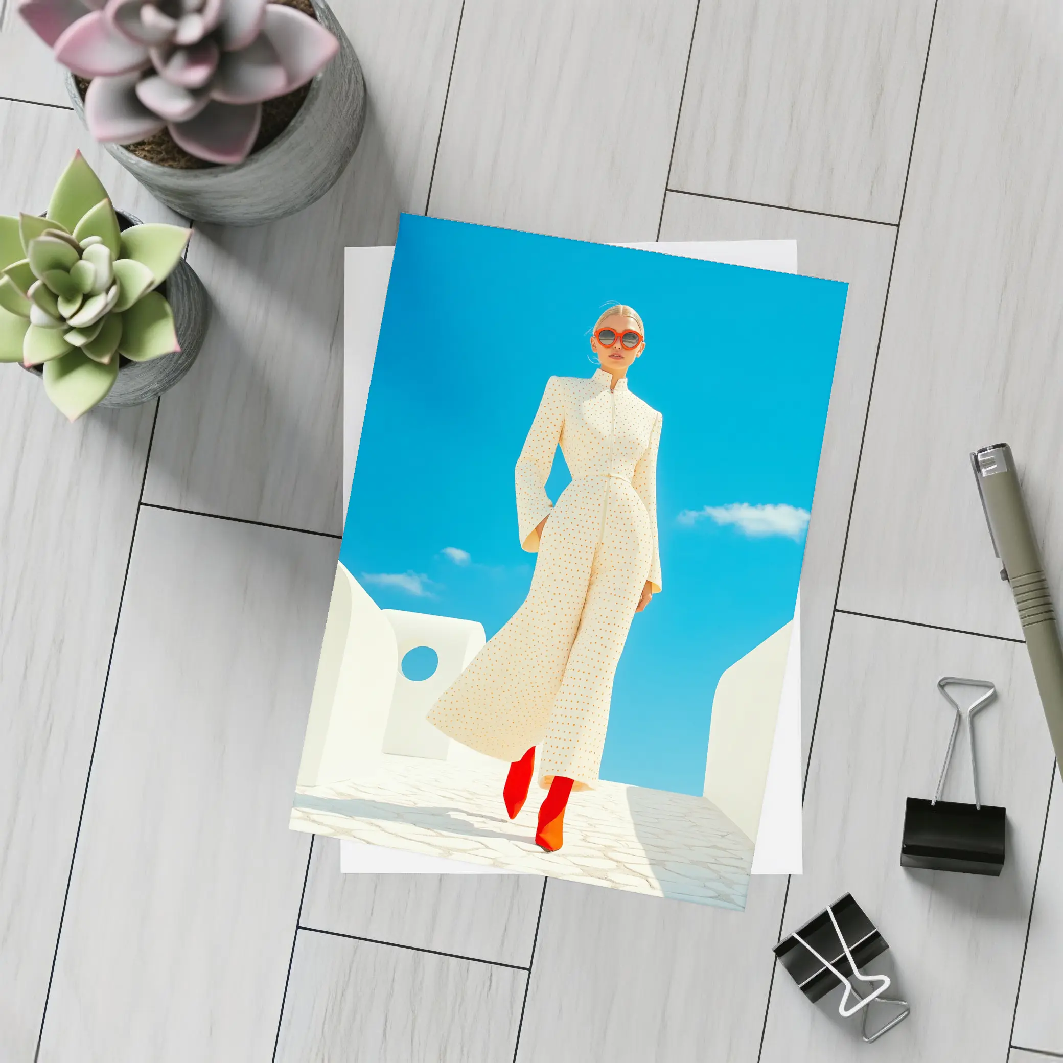 Elegant Woman Cream Outfit Blue Sky – Postcards