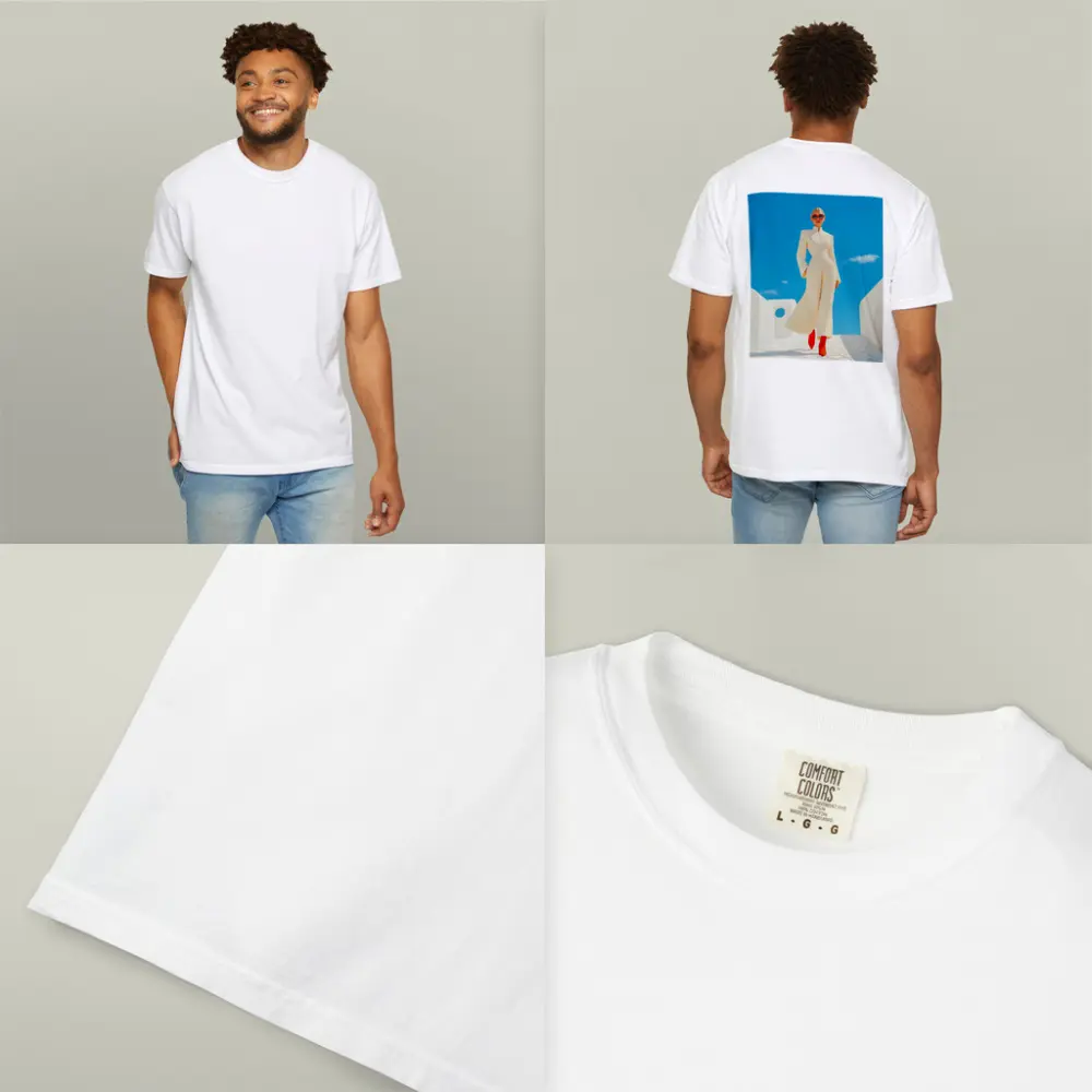 Elegant Woman Cream Outfit Blue Sky – T-Shirts