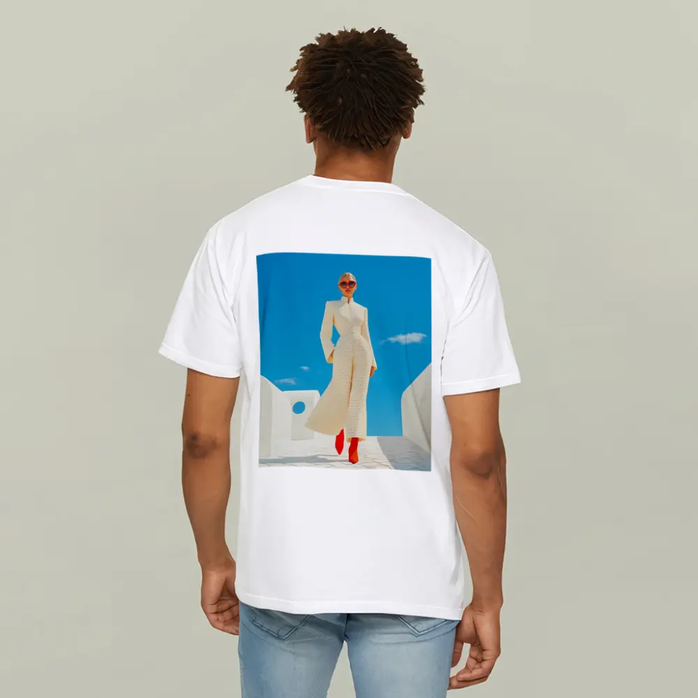 Elegant Woman Cream Outfit Blue Sky – T-Shirts