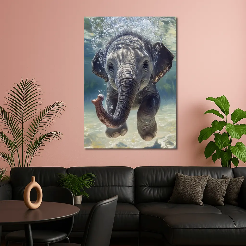 Baby Elephant Swimming Underwater Blue Green – Wall Art