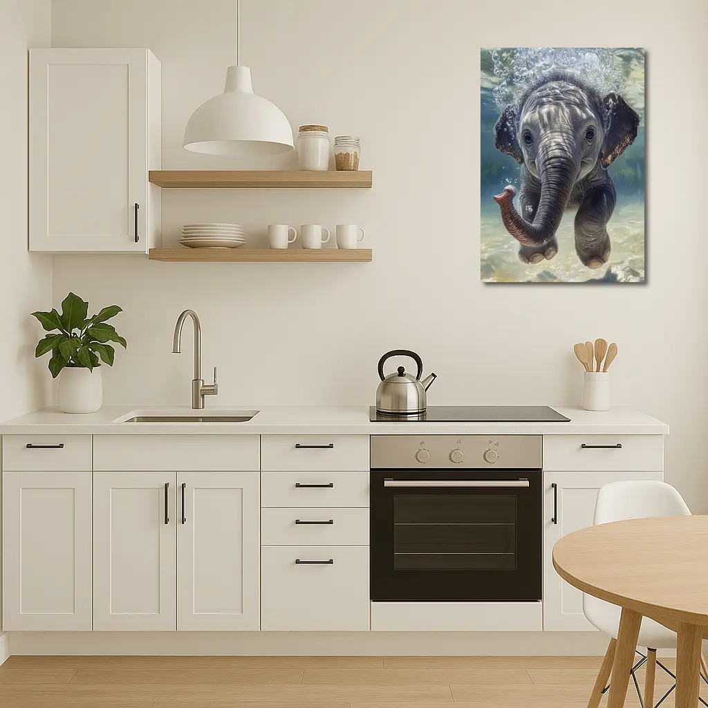 Baby Elephant Swimming Underwater Blue Green – Wall Art