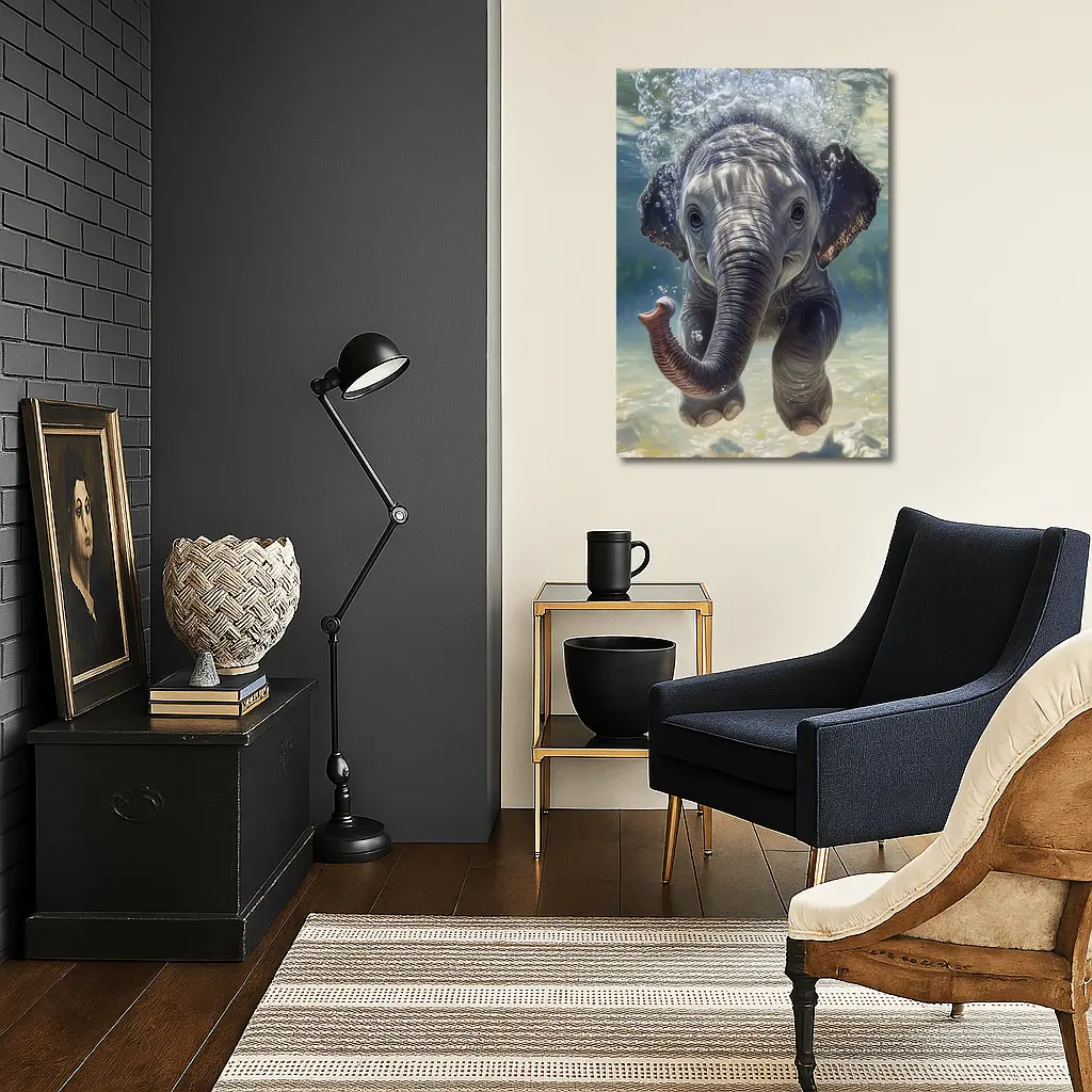 Baby Elephant Swimming Underwater Blue Green – Wall Art
