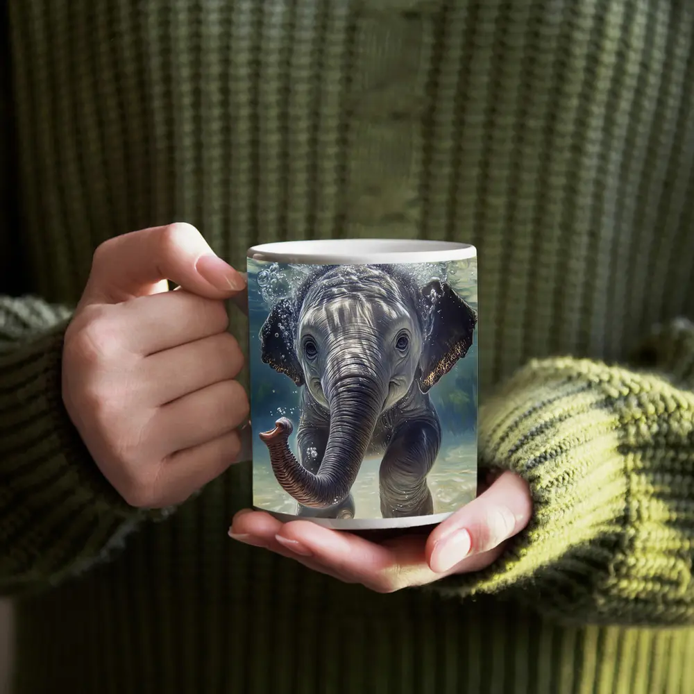 Baby Elephant Swimming Underwater Blue Green – Mugs