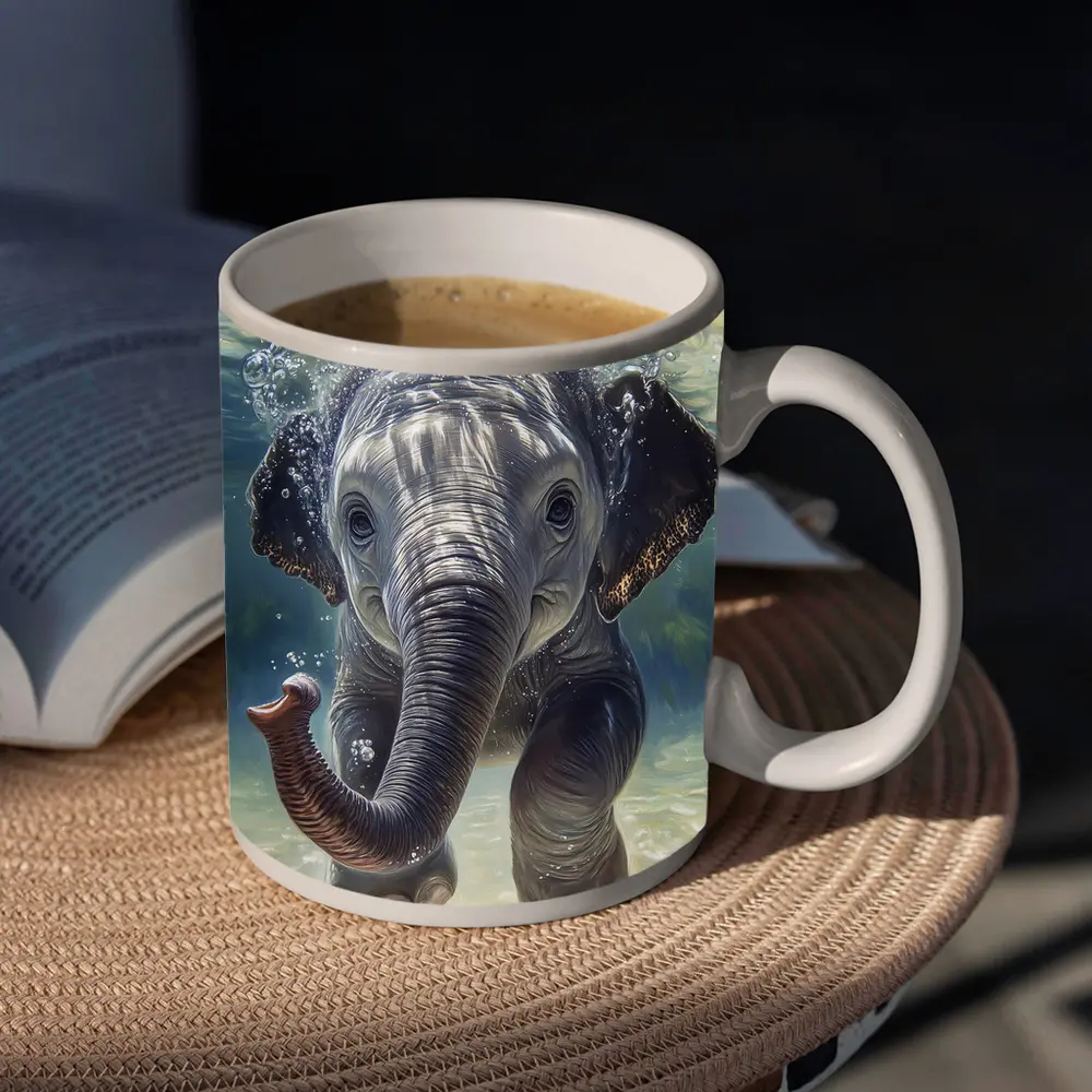 Baby Elephant Swimming Underwater Blue Green – Mugs