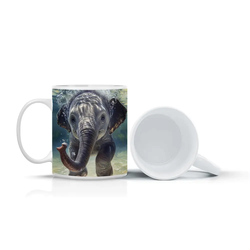 Baby Elephant Swimming Underwater Blue Green – Mugs