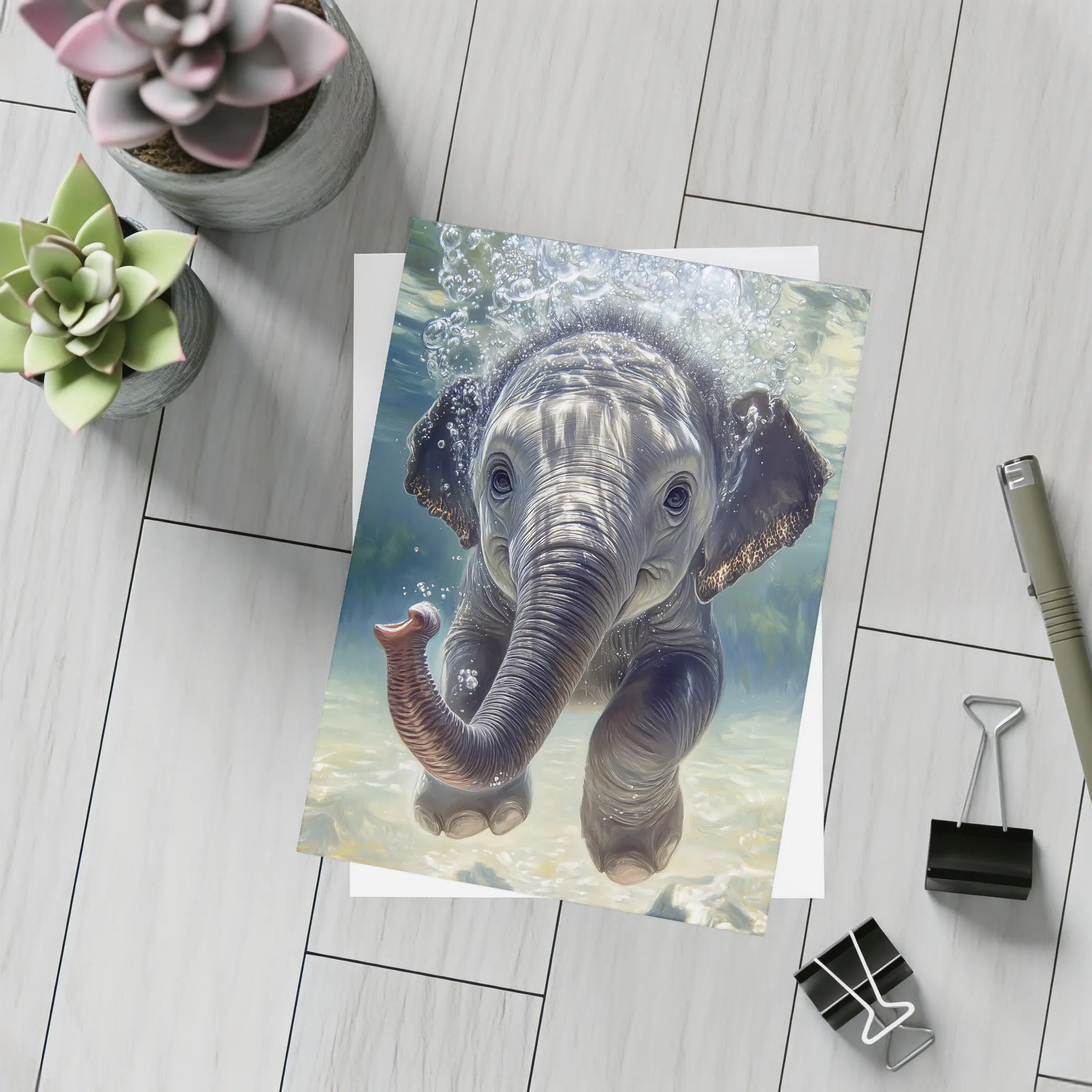 Baby Elephant Swimming Underwater Blue Green – Postcards