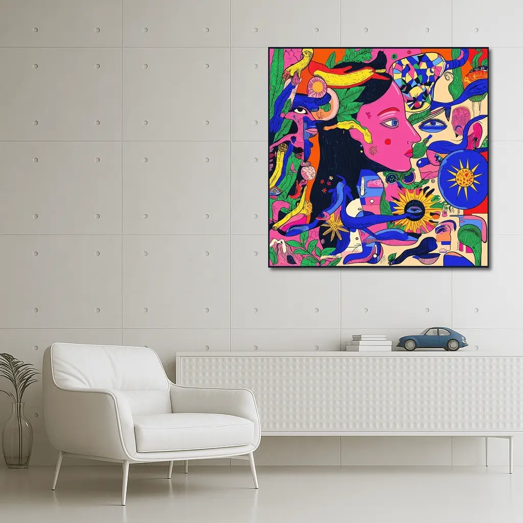 Psychedelic Woman Face Surreal Floral Illustration – Wall Art