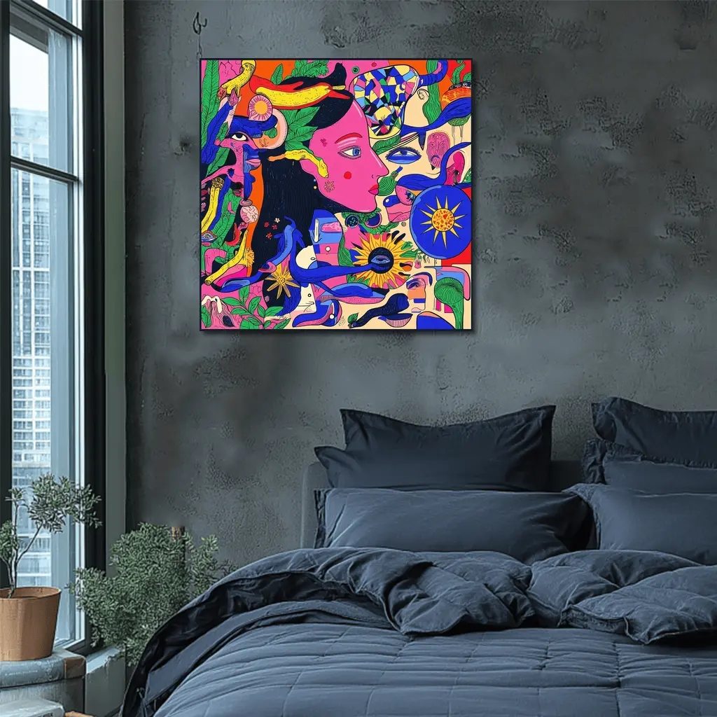 Psychedelic Woman Face Surreal Floral Illustration – Wall Art